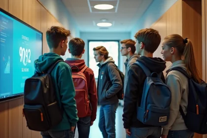 Groupe d'élèves au collège autour d'un écran numérique