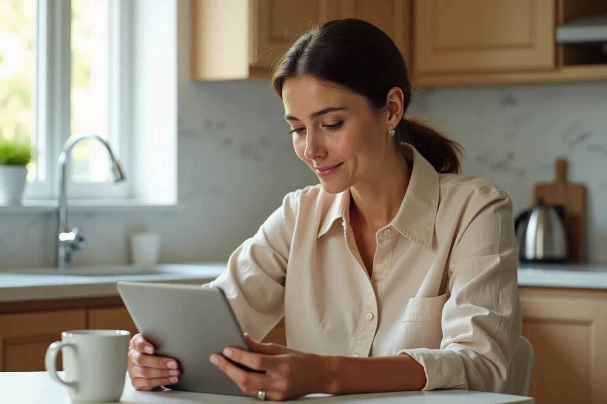 Femme consultant un email de réinitialisation de mot de passe MyGEMA sur une tablette dans une cuisine moderne