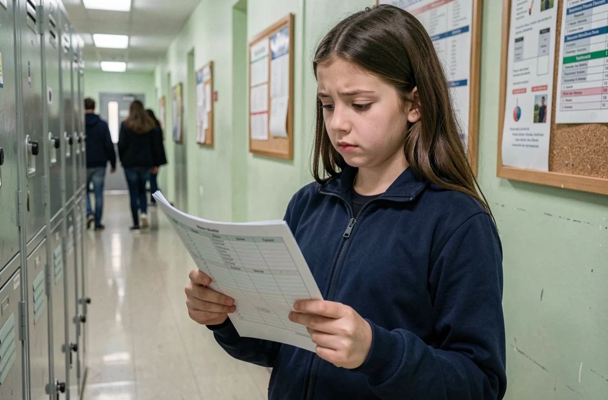 Collégienne consultant son emploi du temps dans le couloir du Collège Georges Braque à Dieppe