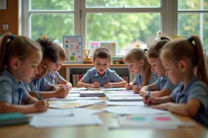 Groupe d'enfants d'école primaire autour d'une table en classe