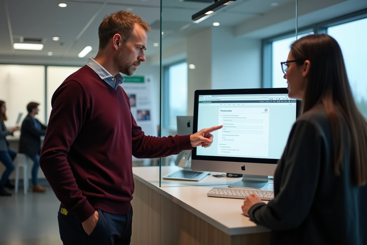 Enseignant aidant un étudiant au comptoir universitaire