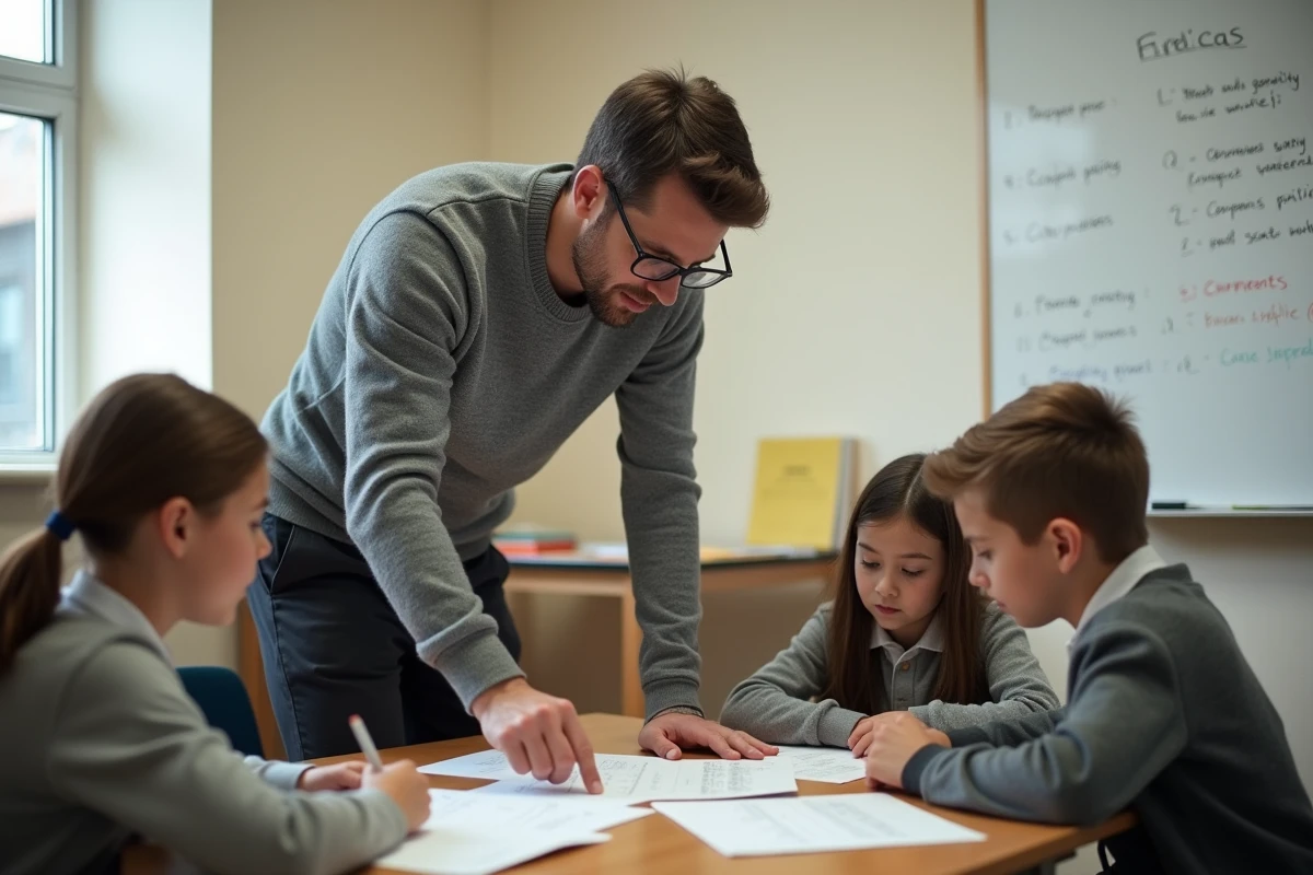 Enseignant accompagnant des élèves en difficulté de lecture avec un texte Fluence simplifié au collège