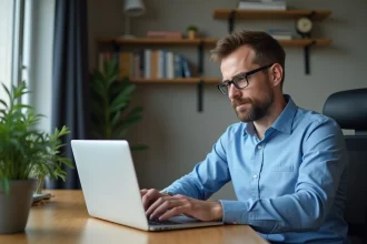 Professeur homme en bureau moderne avec ordinateur portable