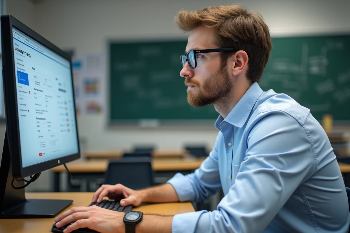 Enseignant utilisant l'ENT Touraine sur un ordinateur de bureau en salle de classe pour gérer le suivi pédagogique