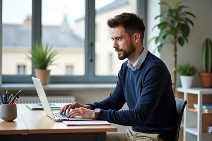 Jeune enseignant assis à son bureau à Bordeaux