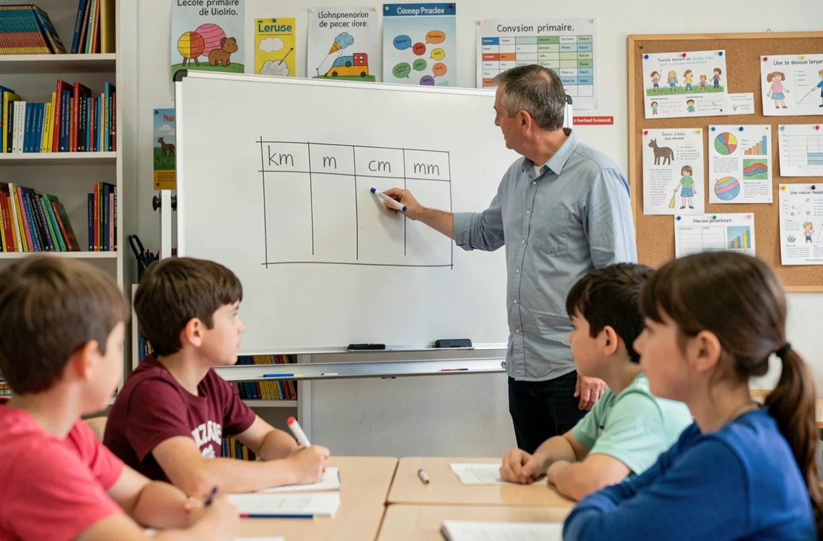 Enseignant du primaire expliquant un tableau de conversion de mesures au tableau blanc devant des élèves de CM2