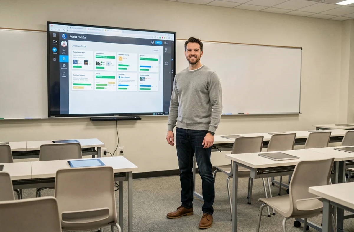 Enseignant debout devant un tableau interactif affichant une plateforme de cours en ligne dans une salle de classe moderne