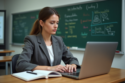 Enseignante femme en classe moderne avec ordinateur portable