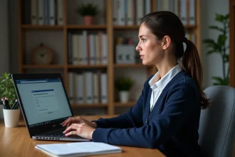 Enseignante connectée à un portail académique iProf sur son ordinateur portable pour récupérer ses identifiants