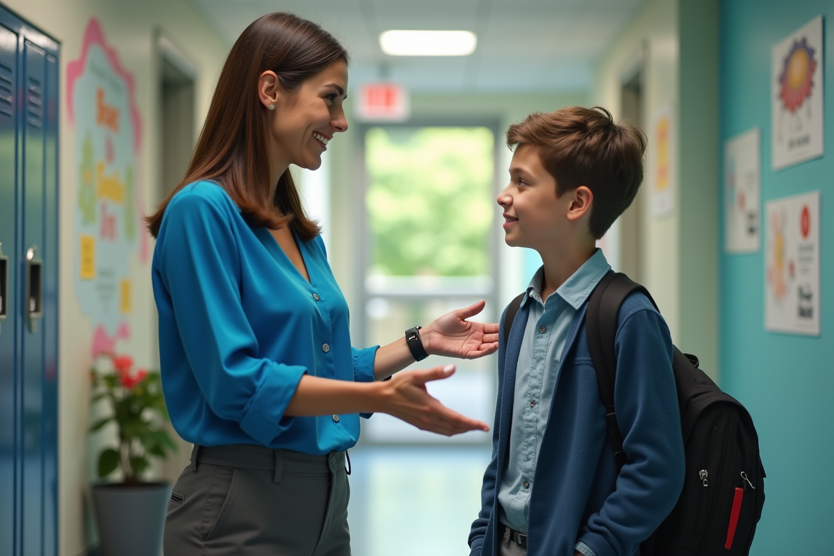 Jeune enseignante parlant avec un lycéen dans un couloir moderne