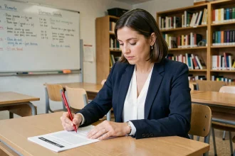 Enseignante annotant un document pédagogique Docs Solus dans une salle de classe moderne