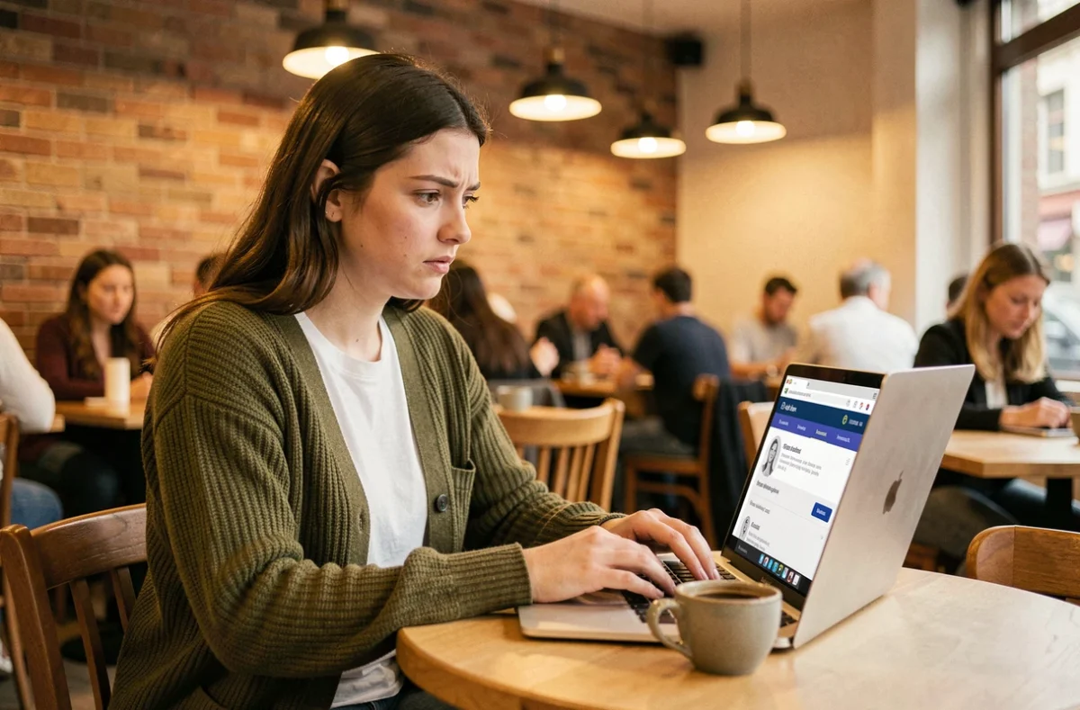 Jeune enseignante consultant son profil i-Prof pour une demande de disponibilité dans un café