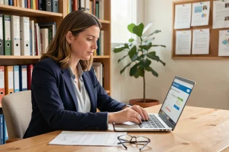 Enseignante mettant à jour son dossier administratif sur le portail i-Prof depuis son bureau à domicile