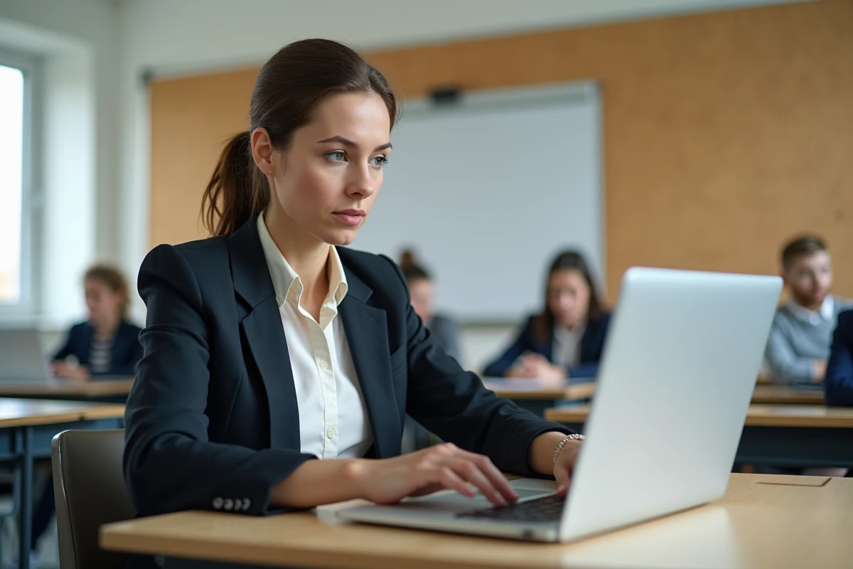 Professeure utilisant un ordinateur dans une classe moderne