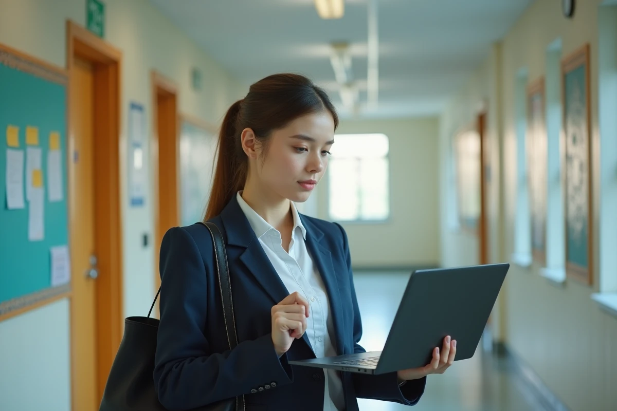 Enseignante consultant la plateforme Esterel Aix Marseille sur un ordinateur portable dans un couloir scolaire