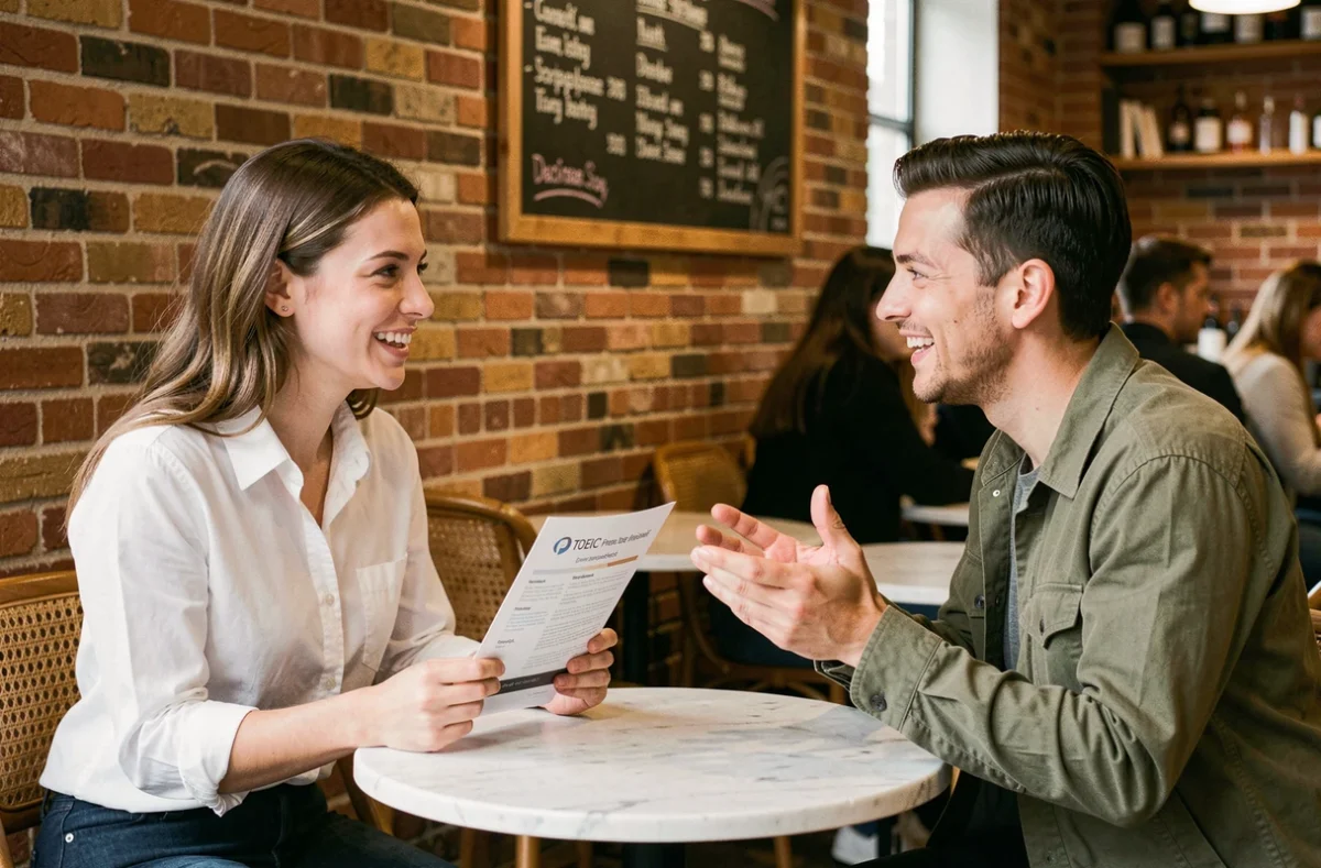 Deux personnes qui s'entraînent à l'oral pour le TOEIC ensemble dans un café