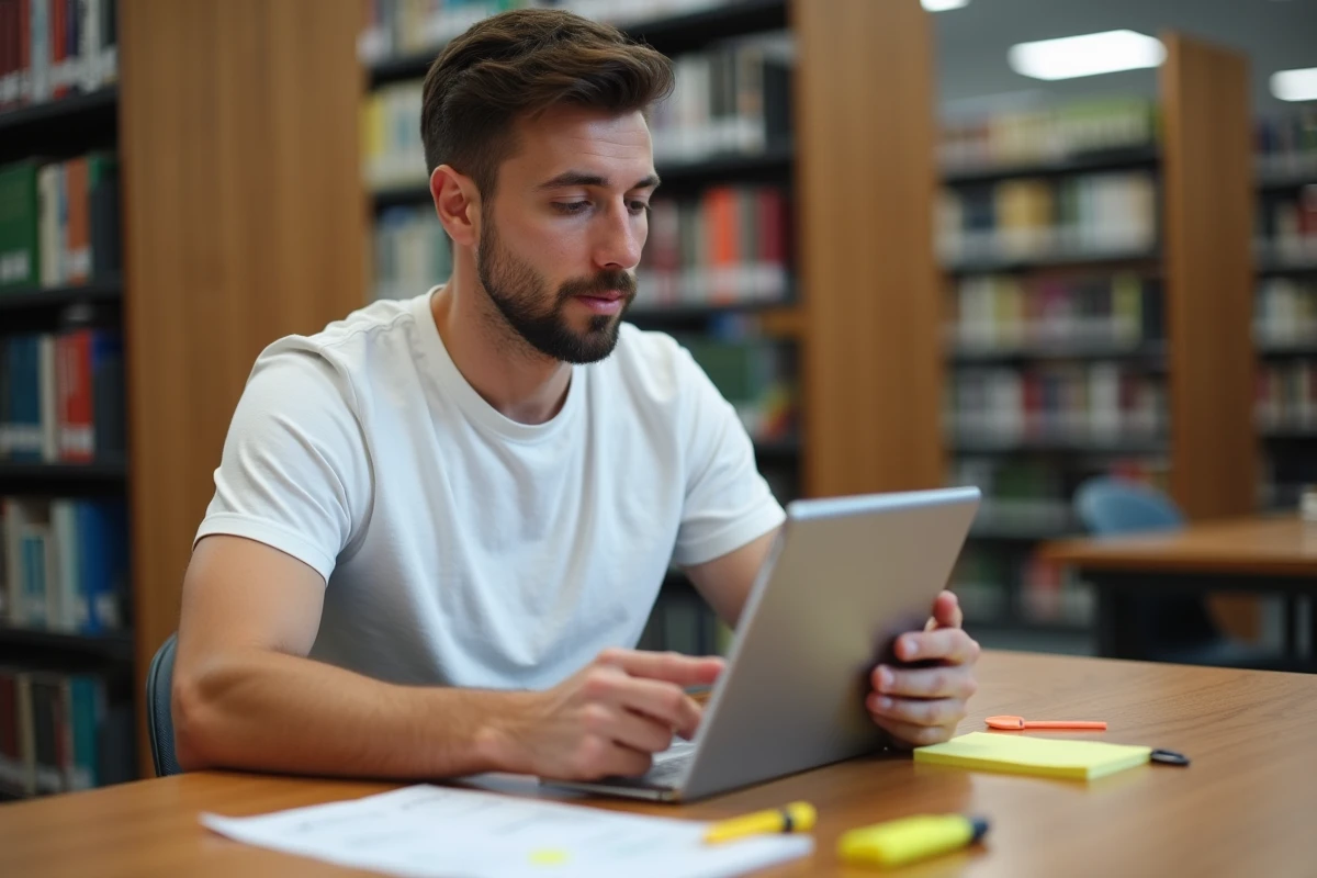 Homme adulte s'entraînant aux questions pièges du code de la route sur une tablette à la bibliothèque
