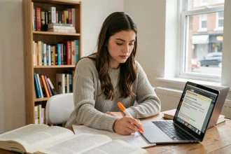Jeune femme qui s'entraîne au TOEIC avec des livres et un ordinateur portable sur son bureau à domicile