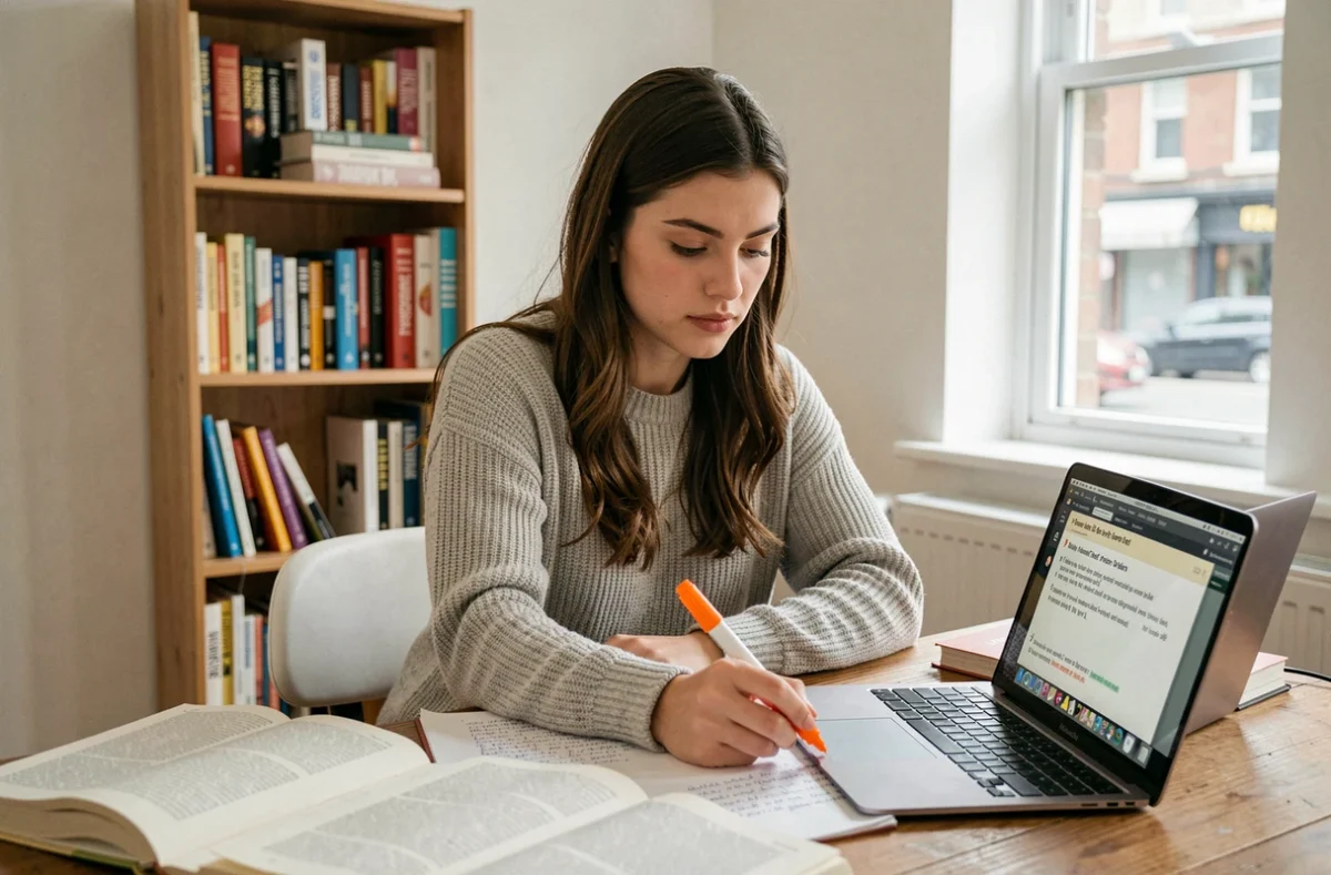 Jeune femme qui s'entraîne au TOEIC avec des livres et un ordinateur portable sur son bureau à domicile