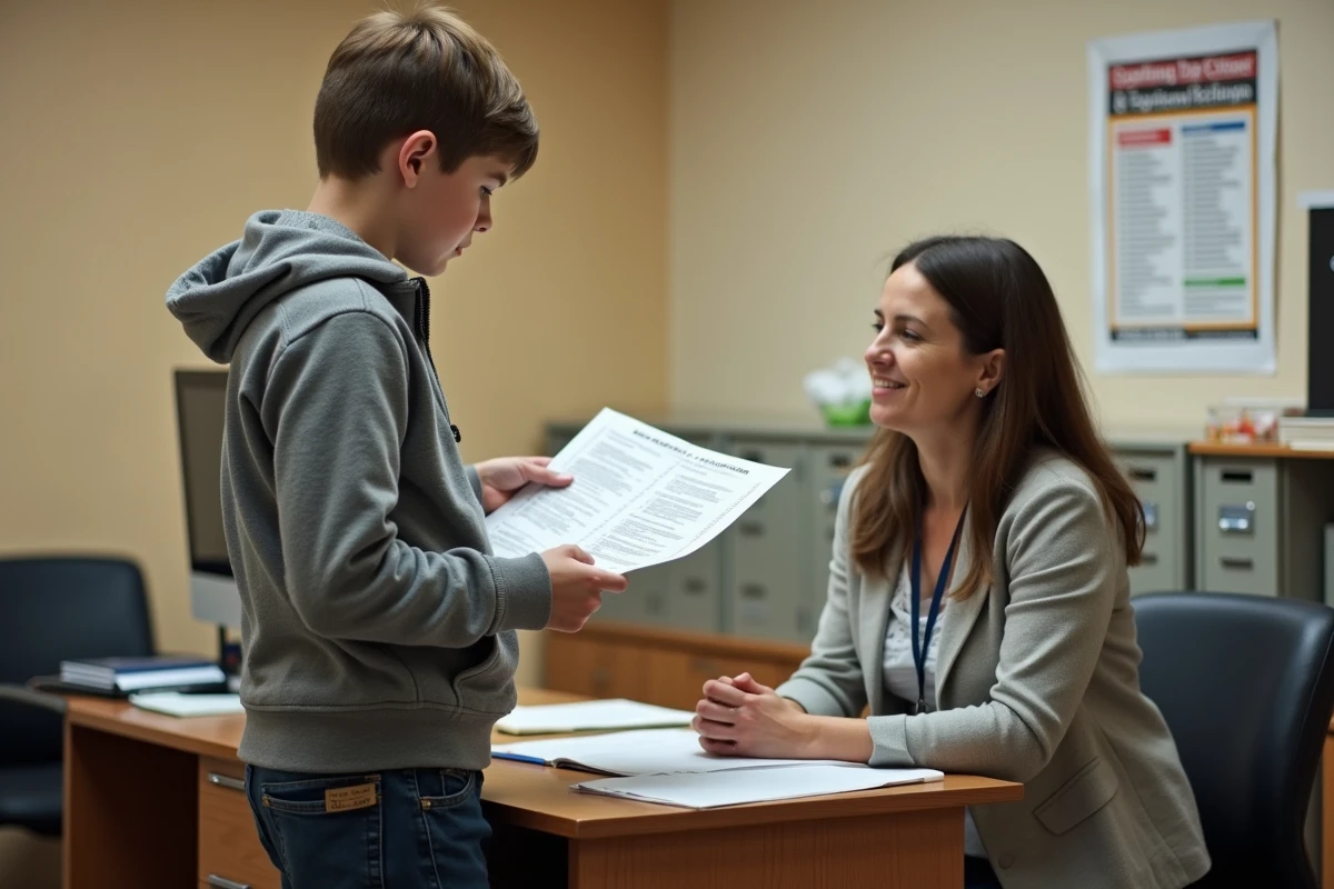 Adolescent en entretien d'orientation scolaire discutant du choix d'un Bac pro avec une conseillère