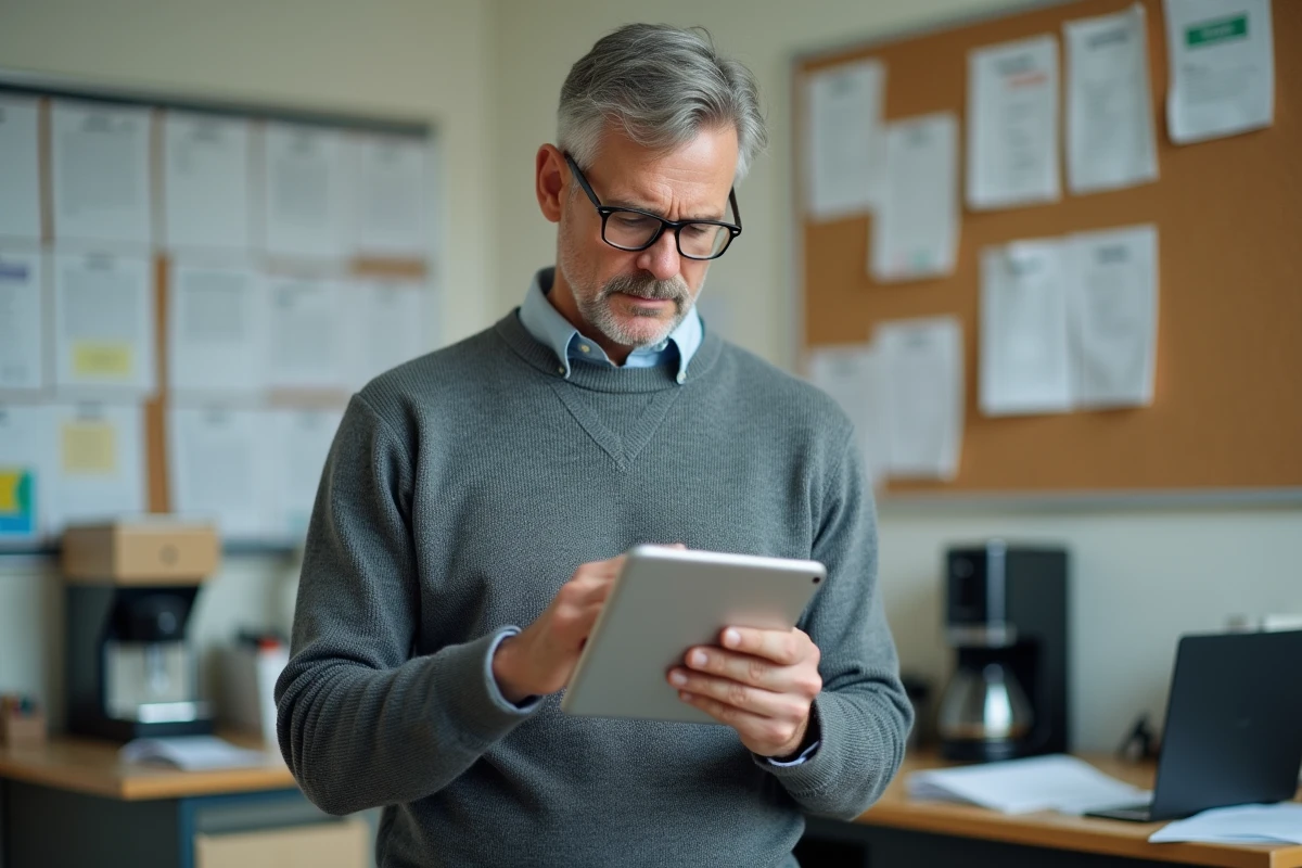 Enseignant rencontrant une erreur de connexion sur une tablette dans une salle des professeurs