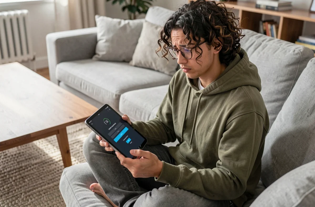Jeune adulte perplexe devant une erreur de connexion sur une tablette dans un salon moderne