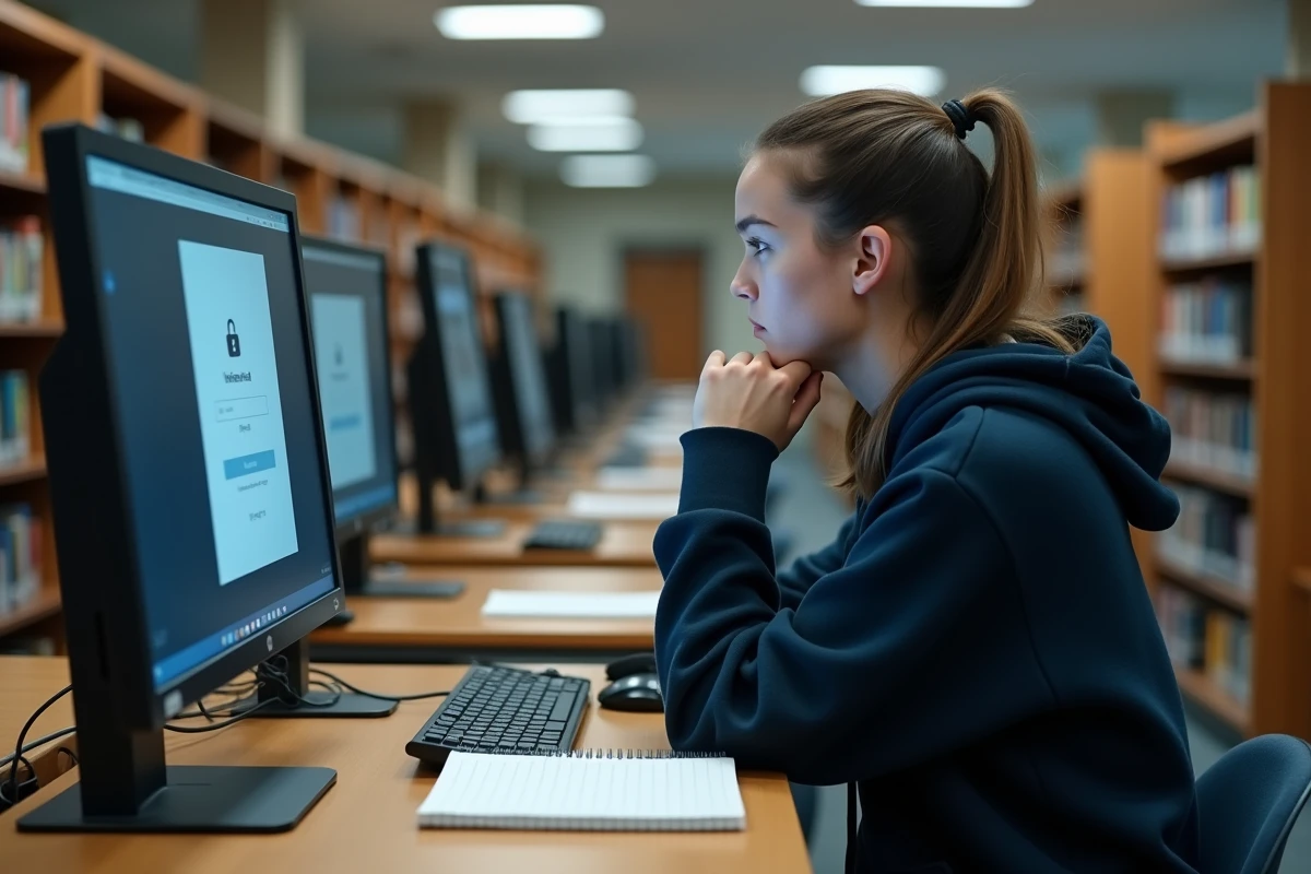 Jeune femme face à un message d'erreur de connexion LSU sur un ordinateur en bibliothèque scolaire