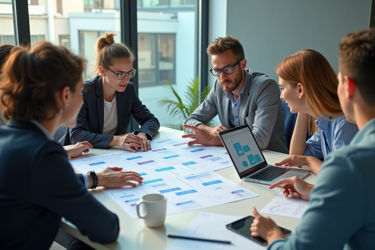 Groupe de professionnels discutant dans un espace de travail moderne