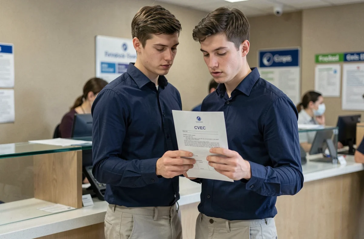 Jeune étudiant tenant une attestation CVEC imprimée dans une agence administrative