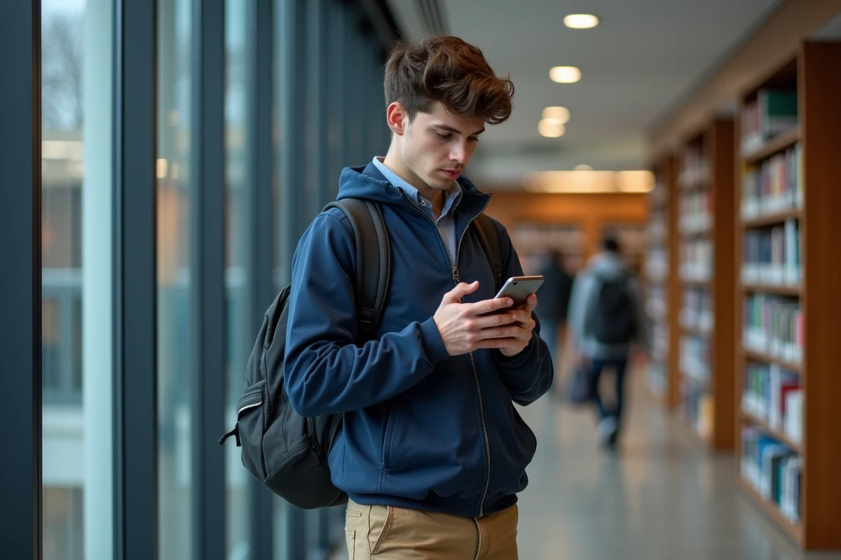 Étudiant masculin utilisant l'ENT Paris Nanterre sur mobile dans une bibliothèque universitaire moderne