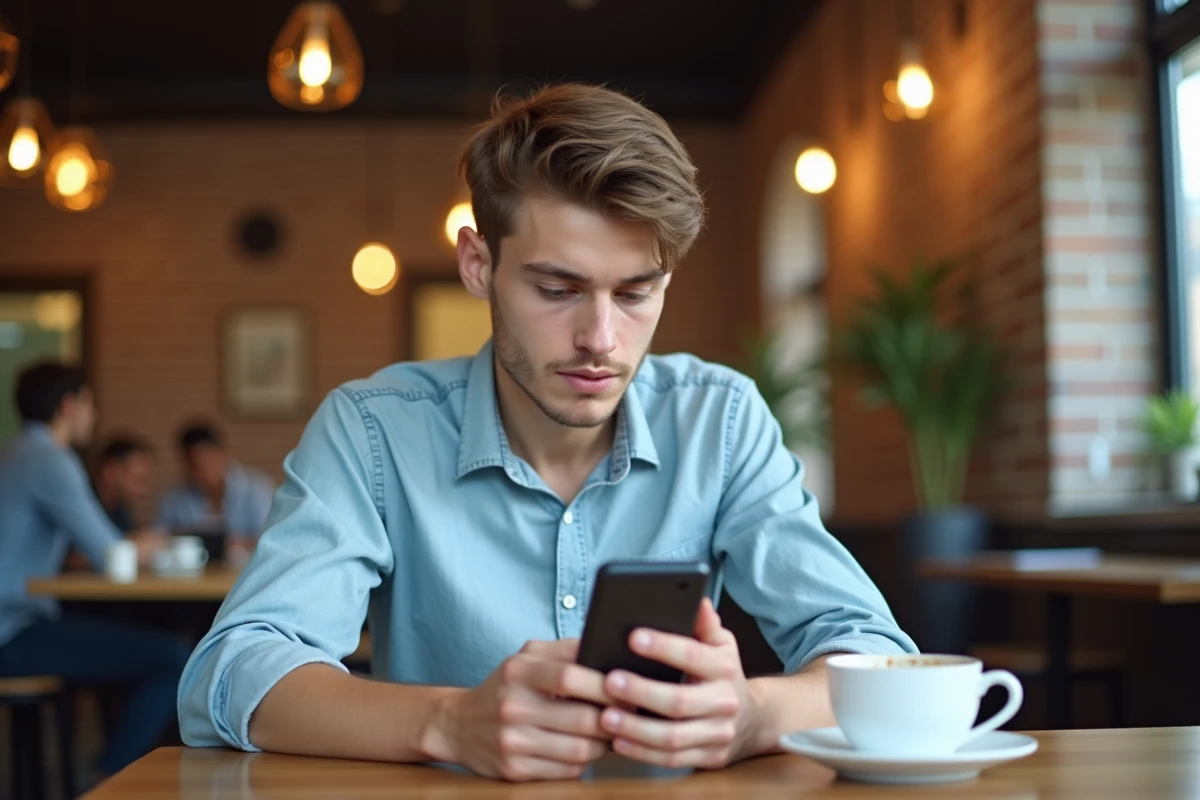 Étudiant utilisant l'ENT Normandie sur mobile dans un café pour accéder à ses ressources pédagogiques