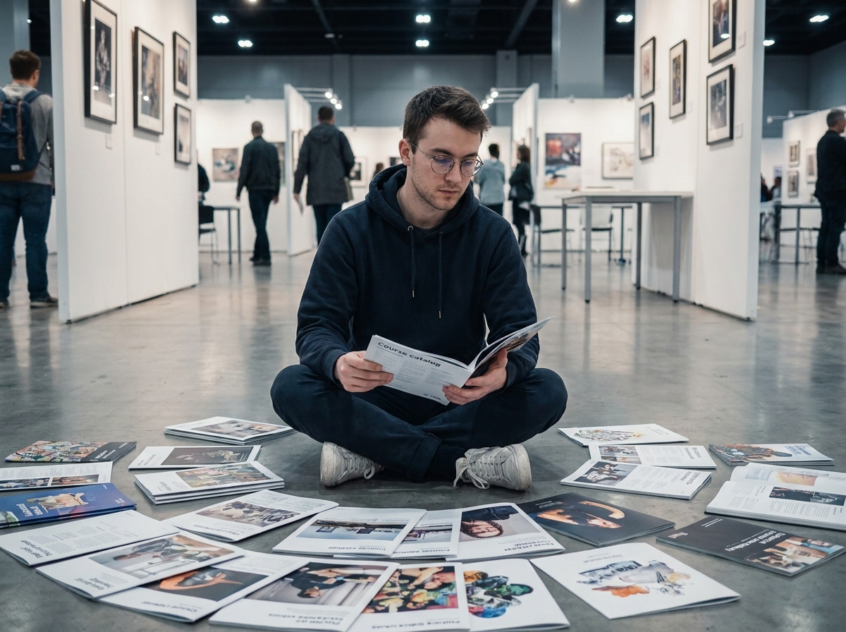 Étudiant en art consultant des brochures d'écoles d'illustration lors d'une journée portes ouvertes dans un espace d'exposition universitaire