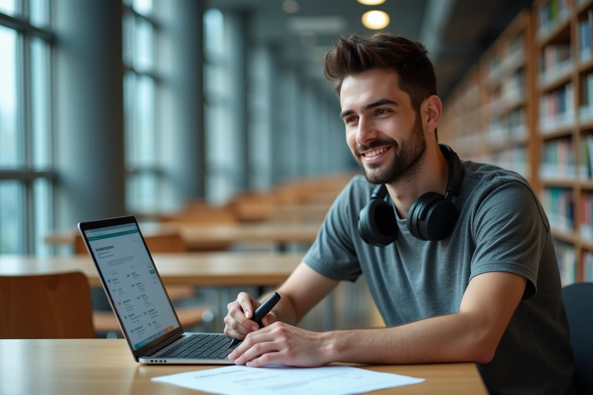 Étudiant utilisant une plateforme Moodle sur son ordinateur portable dans une bibliothèque universitaire pour préparer ses examens