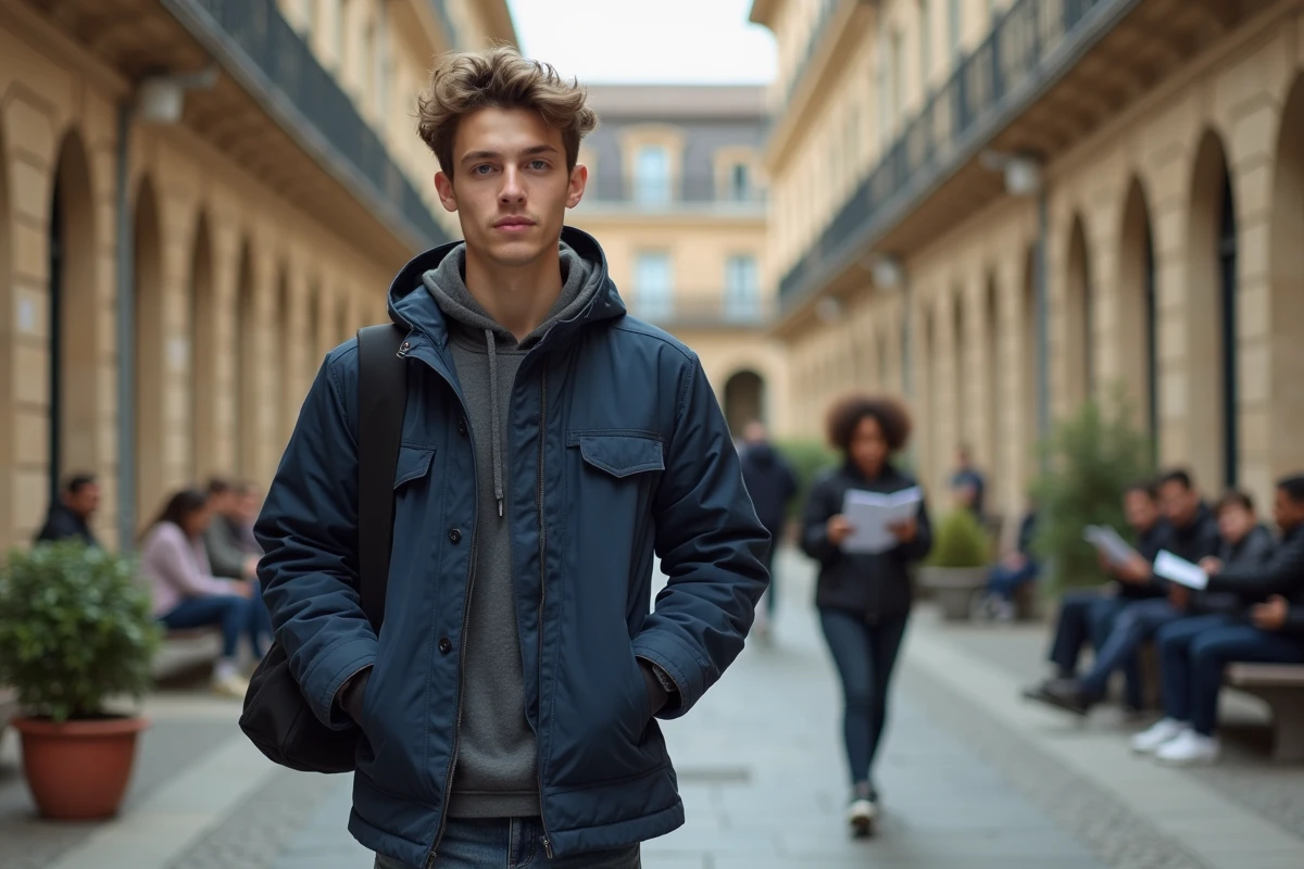 Étudiant en photographie traversant la cour d'une école de photographie à Toulouse avec son matériel