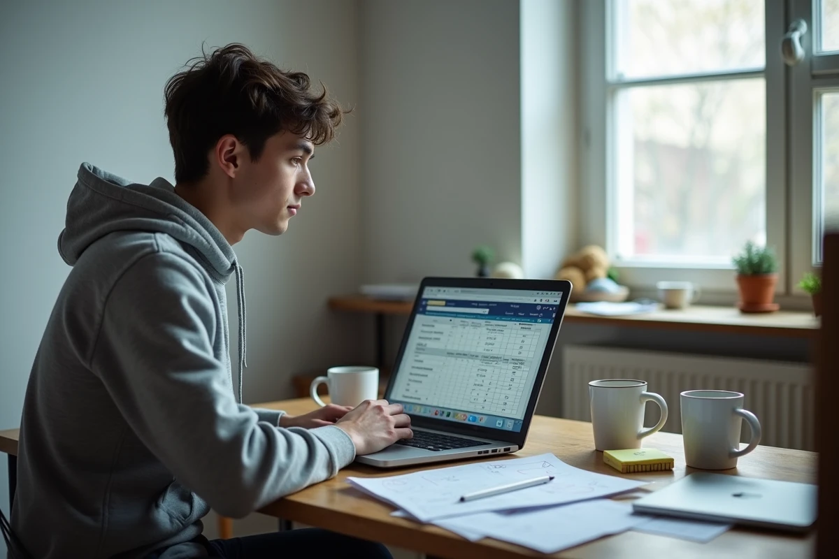 Étudiant en prépa consultant les vœux SIGEM sur son ordinateur portable dans un appartement étudiant
