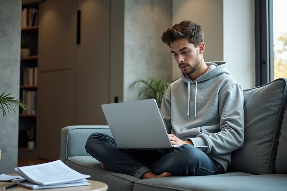 Étudiant en droit révisant ses cours de jurisprudence avec une plateforme d'intelligence artificielle sur son ordinateur portable dans son appartement