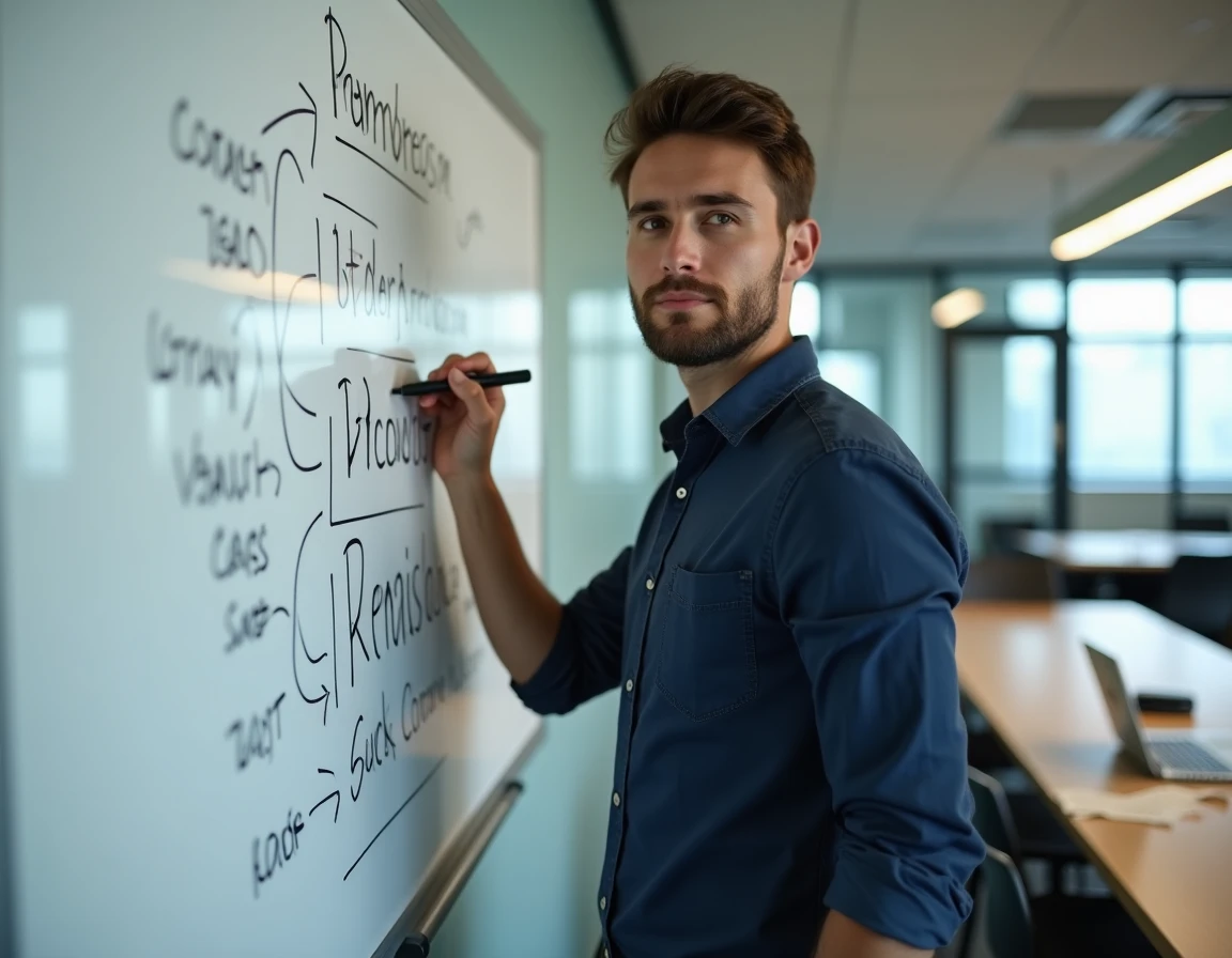 Étudiant en histoire structurant ses arguments de dissertation sur un tableau blanc dans une salle de travail universitaire