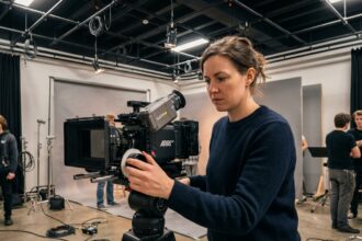 Étudiante en cinéma réglant une caméra professionnelle dans un studio de production audiovisuelle