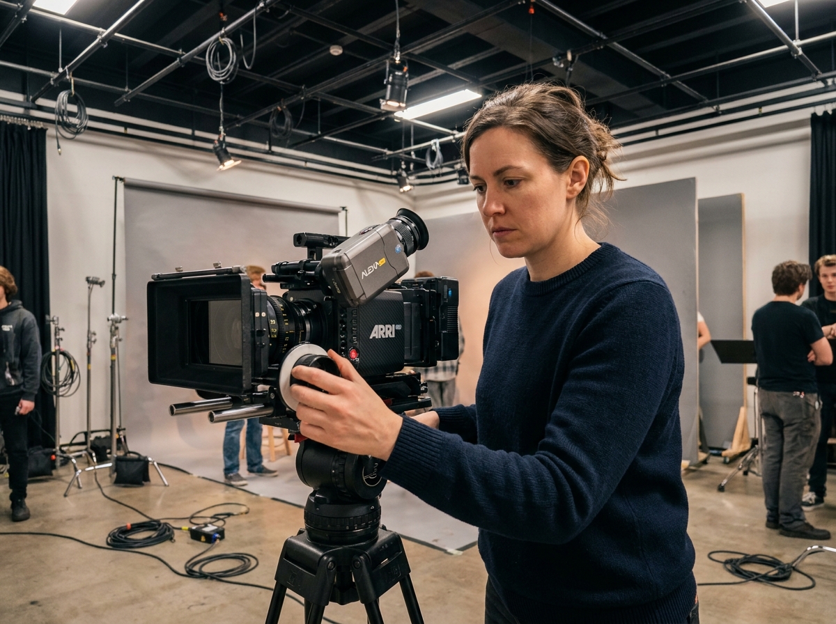 Étudiante en cinéma réglant une caméra professionnelle dans un studio de production audiovisuelle