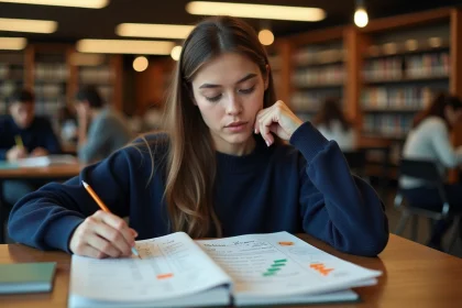 Étudiante en classe préparatoire analysant le classement SIGEM 2026 dans une bibliothèque universitaire