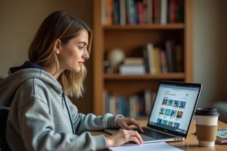 Étudiante accédant à ses cours en ligne sur la plateforme Moodle depuis sa chambre universitaire