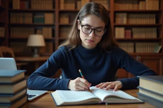 Étudiante en droit préparant ses partiels avec un manuel juridique et un logiciel d'IA sur son ordinateur portable dans une bibliothèque universitaire