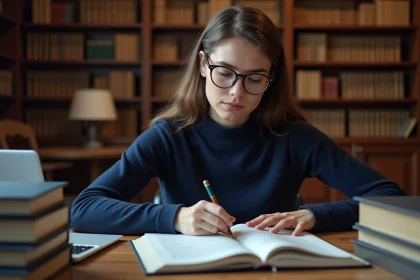 Étudiante en droit préparant ses partiels avec un manuel juridique et un logiciel d'IA sur son ordinateur portable dans une bibliothèque universitaire