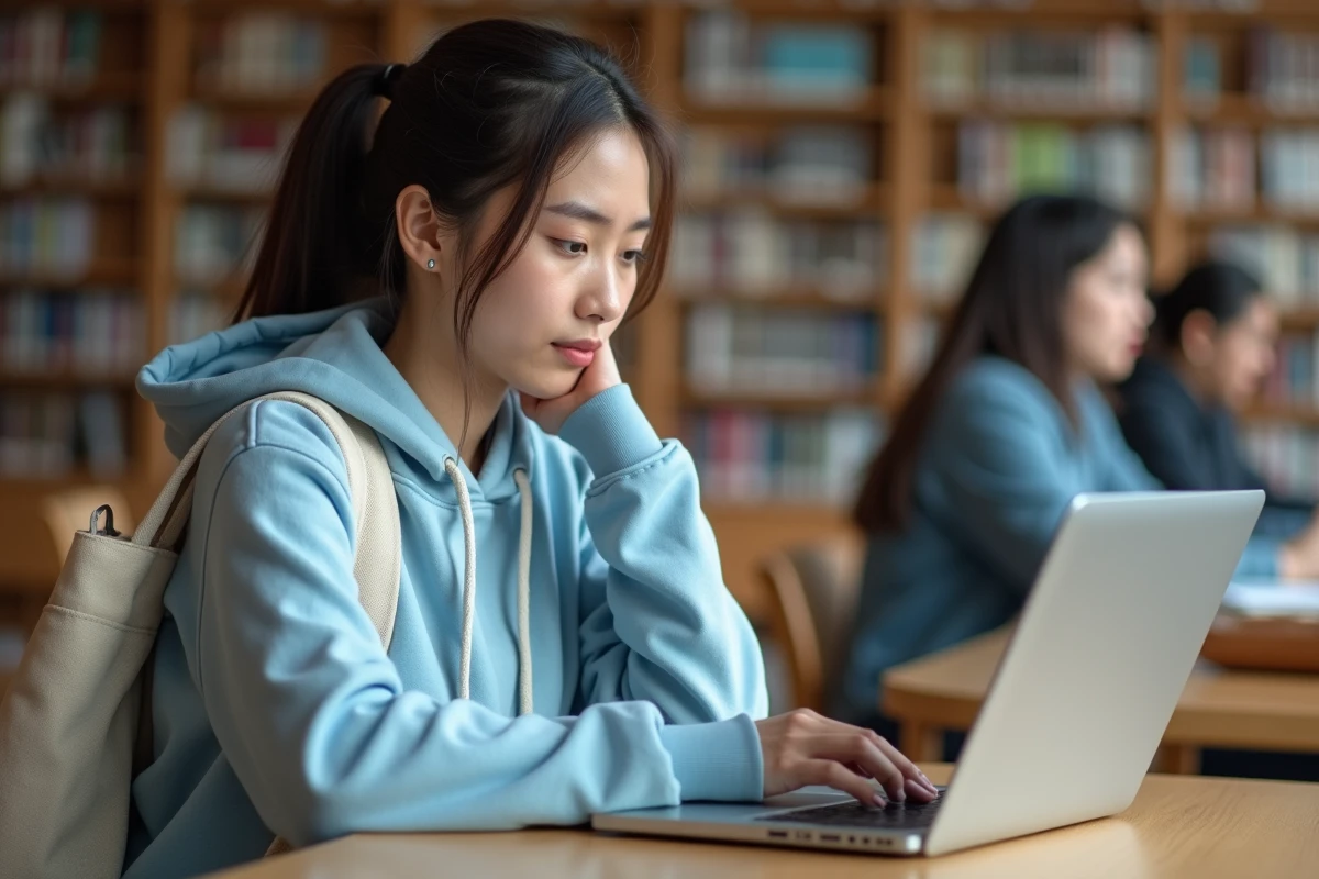 Étudiante connectée à l'ENT Centrale Marseille sur son ordinateur portable dans une bibliothèque universitaire