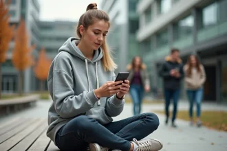 Étudiante connectée à l'ENT Paris Nanterre sur smartphone en extérieur sur le campus universitaire