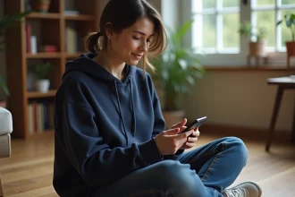 Jeune femme accédant à ses cours en ligne sur smartphone depuis chez elle via Entnormandie