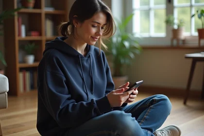Jeune femme accédant à ses cours en ligne sur smartphone depuis chez elle via Entnormandie