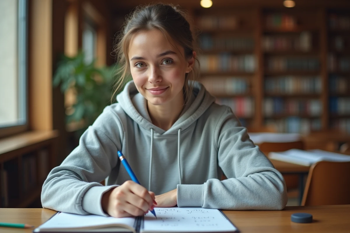 Étudiante écrivant la formule d'inversion d'une matrice 2x2 dans un cahier de mathématiques à la bibliothèque