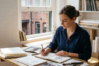 Étudiante en illustration travaillant à sa table à dessin dans un atelier artistique urbain, entourée de carnets de croquis et de pinceaux