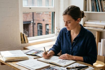 Étudiante en illustration travaillant à sa table à dessin dans un atelier artistique urbain, entourée de carnets de croquis et de pinceaux